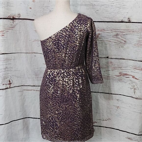 Shoshanna Metallic Filcoupe Shimmer One Shoulder Dress Size 2 - Picture 3 of 6